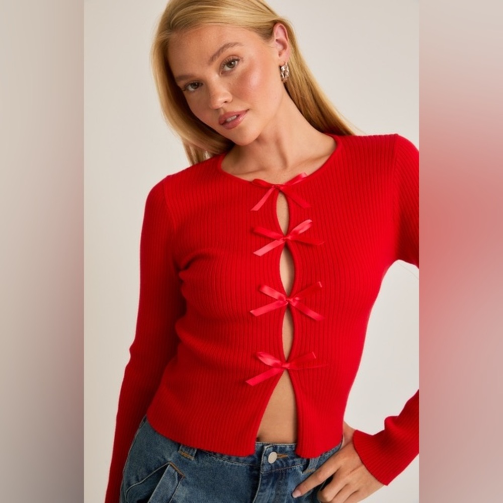 Satin Bow Cutout Knit Long Sleeve Top - Le Lis